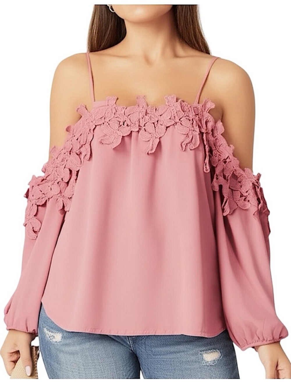Papermoon Embroidered Floral Cut Out Cold Shoulder Long Sleeve Top Pink Preppy